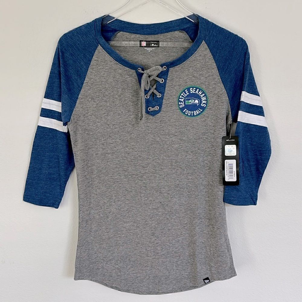NWT Seattle Seahawks NFL Team Apparel 3/4 Sleeve Gray Lace Up T-Shirt Size XS
